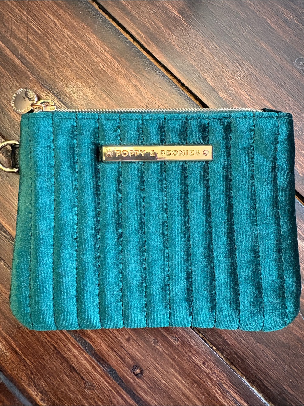 Poppy & Peonies Green Quilted Velvet Zip Pouch with Gold Logo